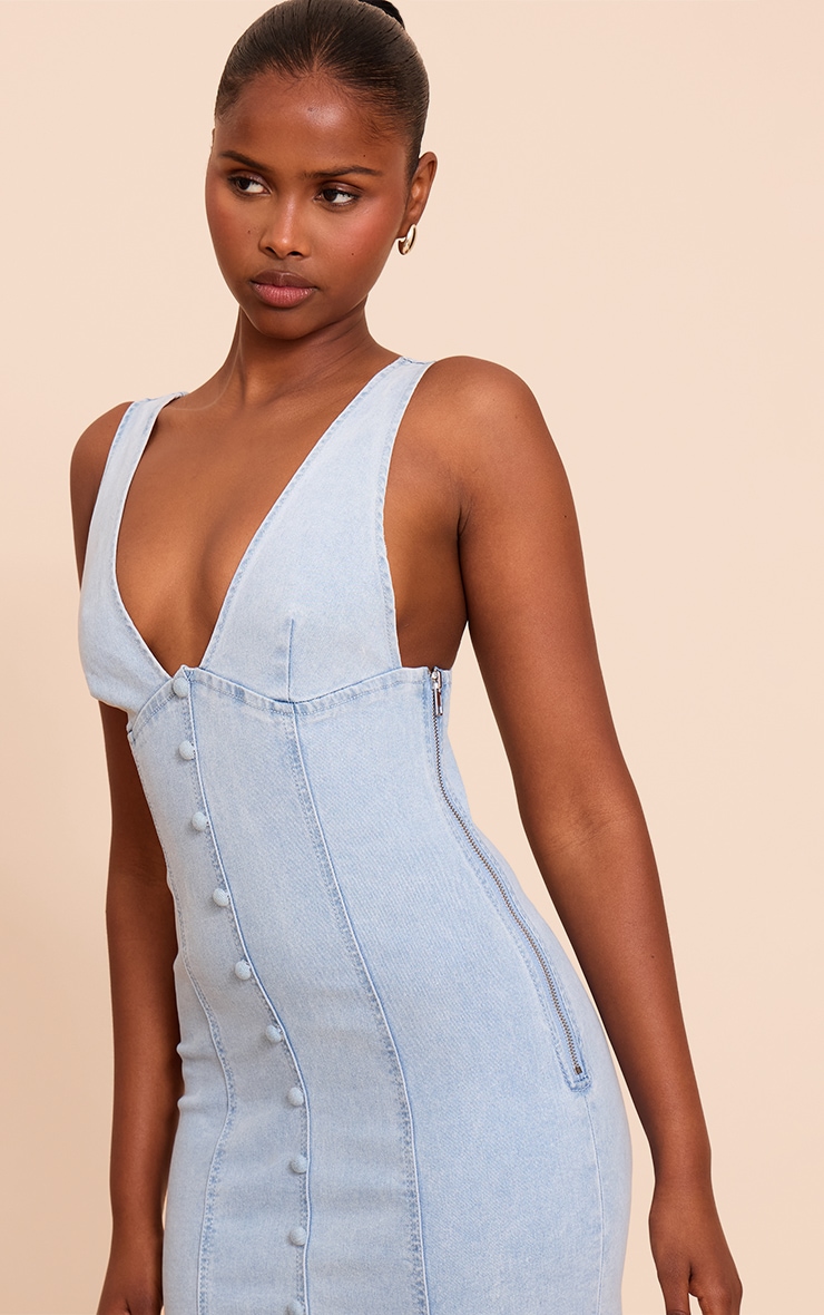 Light Blue Button Detail Denim Mini Dress image 4