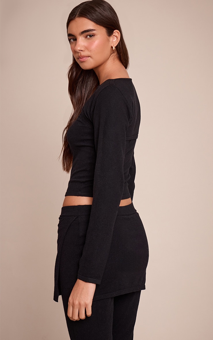 Black Fine Knit Trim Detail Wrap Cardigan image 2