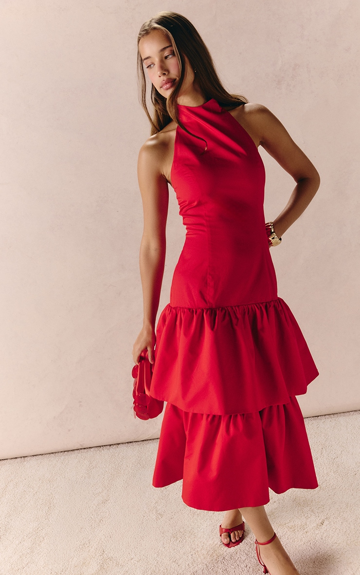 Red Dropped Hem Tiered Frill Halterneck Midi Dress image 1