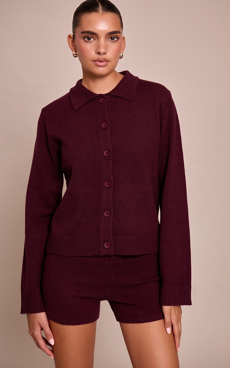 Chocolate Plum Button Through Collar Cardigan image 4