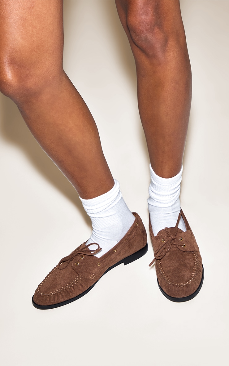 Chocolate Faux Suede Ruched Lace Up Loafer