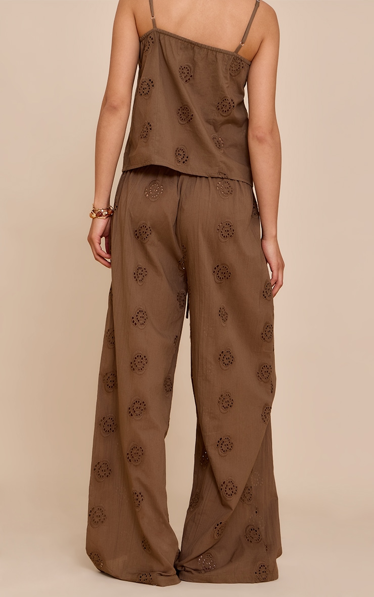 Brown Broderie Swirl Detail Straight Leg Pants image 3