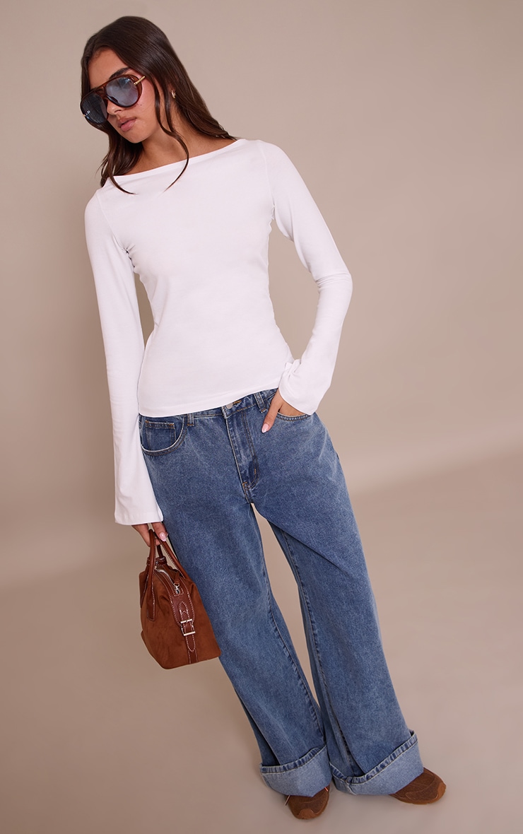 White Soft Cotton Boat Neck Flared Long Sleeve Top image 3