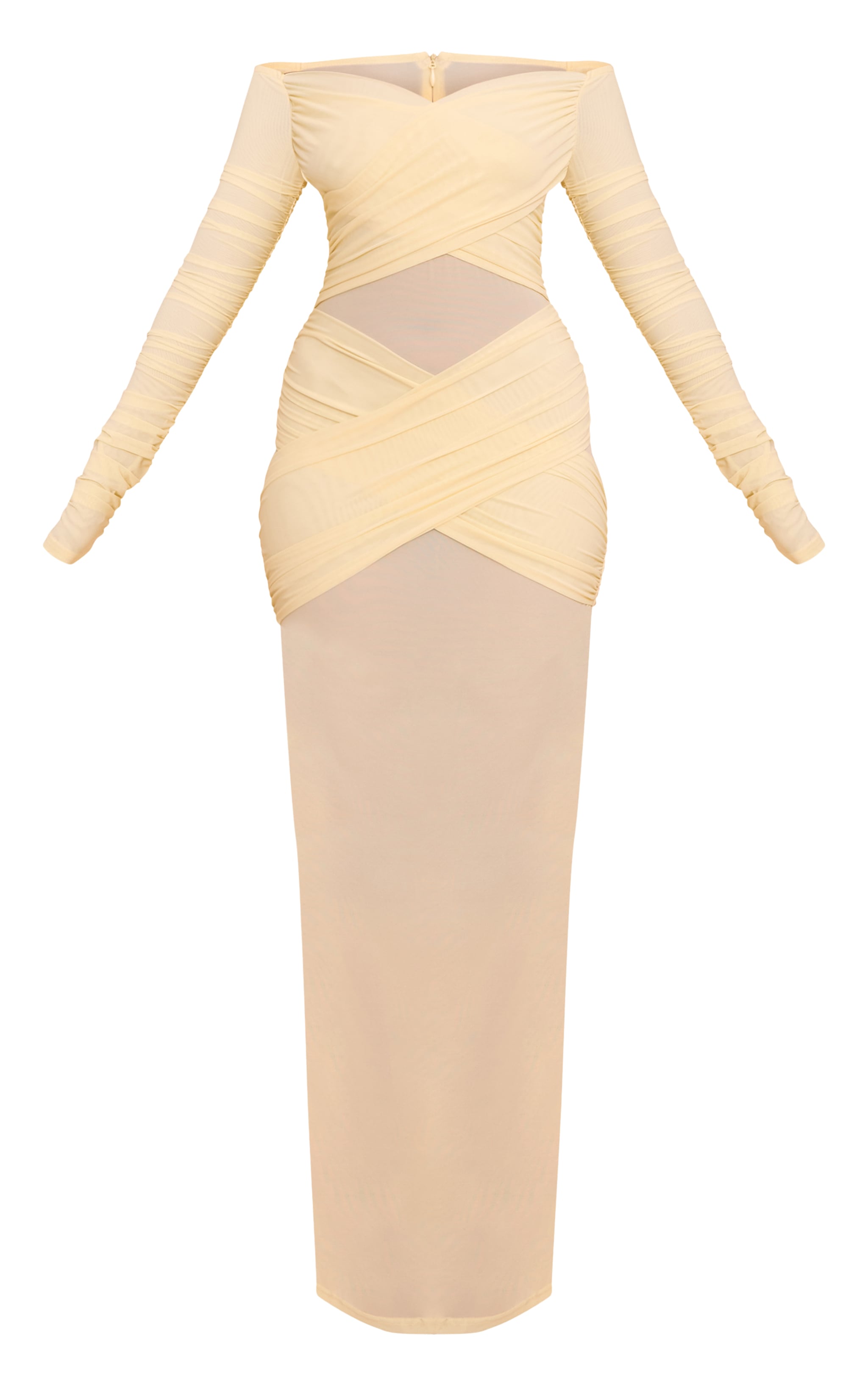 Lemon Bandage Mesh Bardot Layered Ruched Maxi Dress image 5