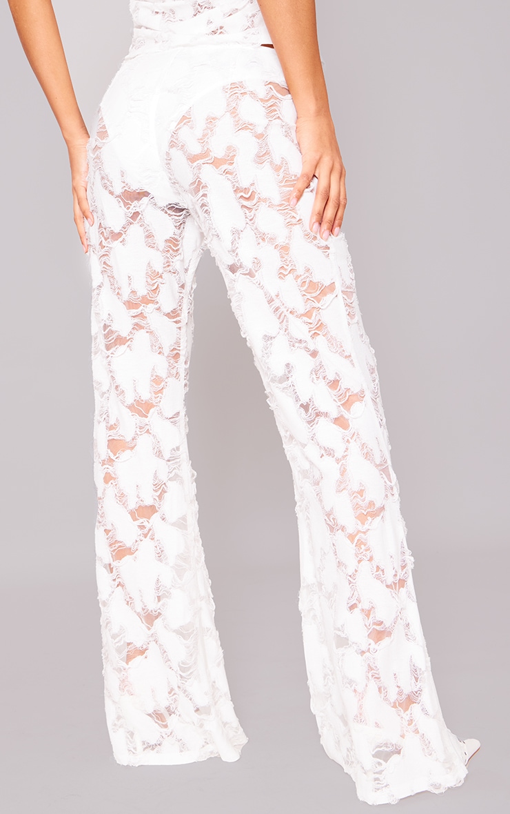 White Woven Distressed Low Rise Wide Leg Pants image 3