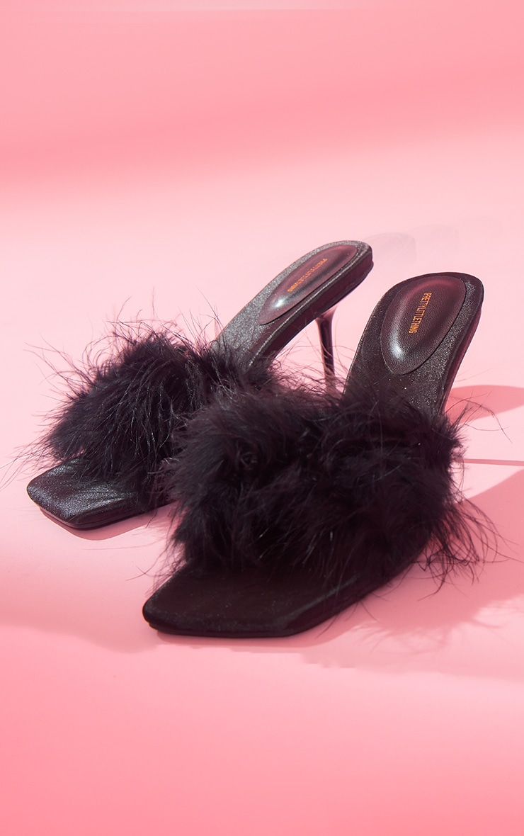 Black Square Toe Feather Low Heeled Mule Sandals PrettyLittleThing