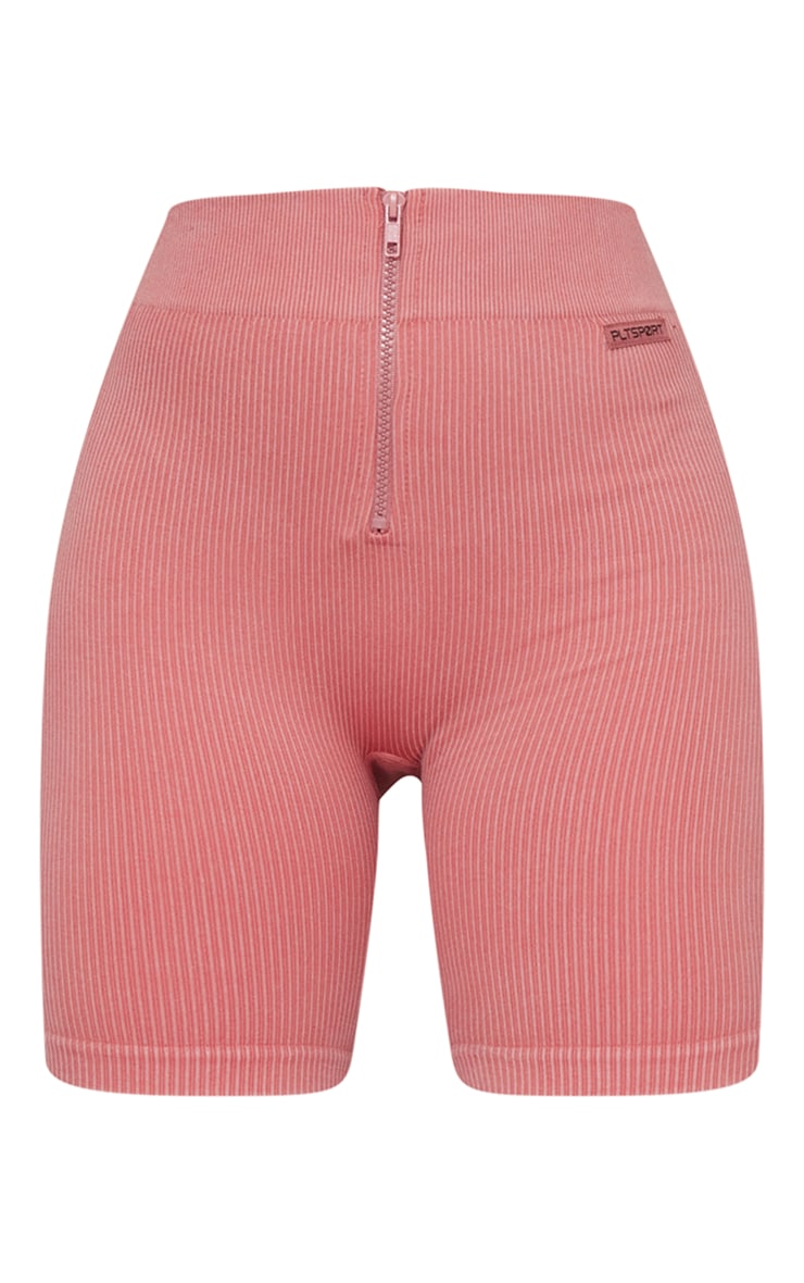  Deep Rose Acid Wash Seamless Rib Zip Up Sport Shorts image 6