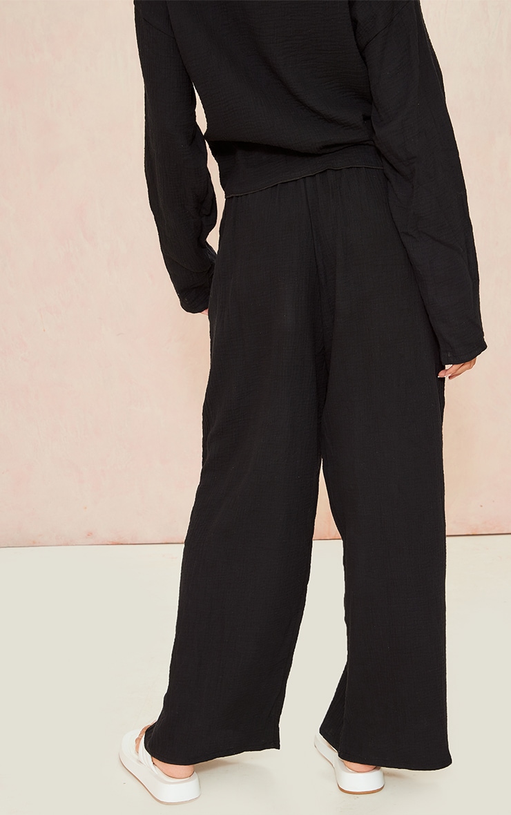 Black Textured Cheesecloth High Waist Wide Leg Trousers image 3