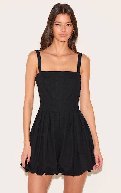 Black Twill Pleated Puffball Playsuit