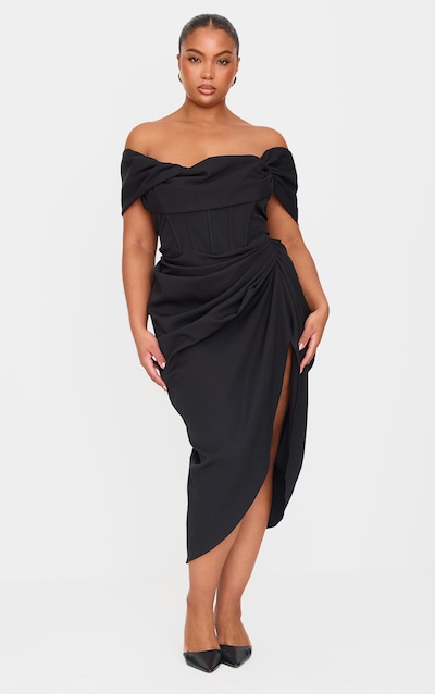 Plus Black Corset Bardot Draped Midi Dress
