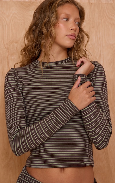Dark Green Striped Soft Fleece Long Sleeve Top