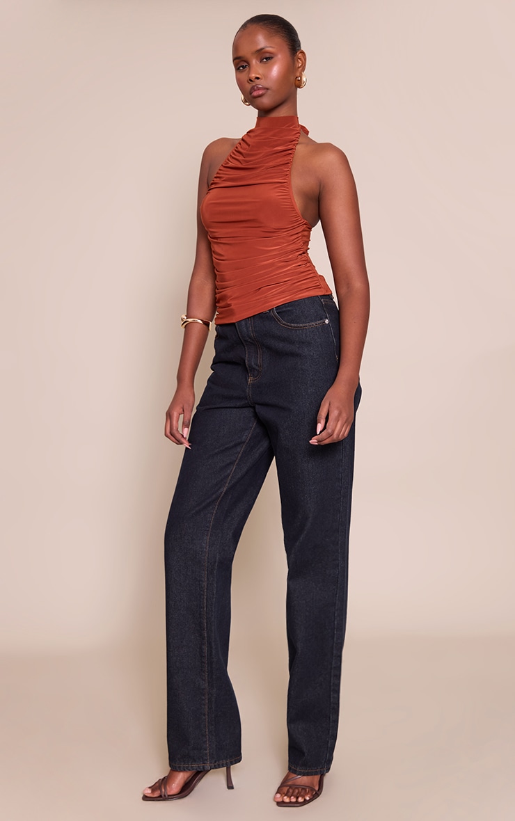 Burnt Orange Double Layer Slinky Highneck Drapey Long Top  image 3