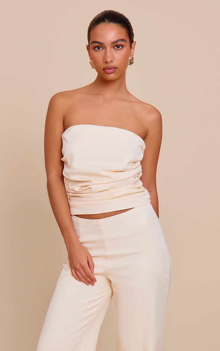 Cream Tailored Woven Ruched Bandeau Top image 1