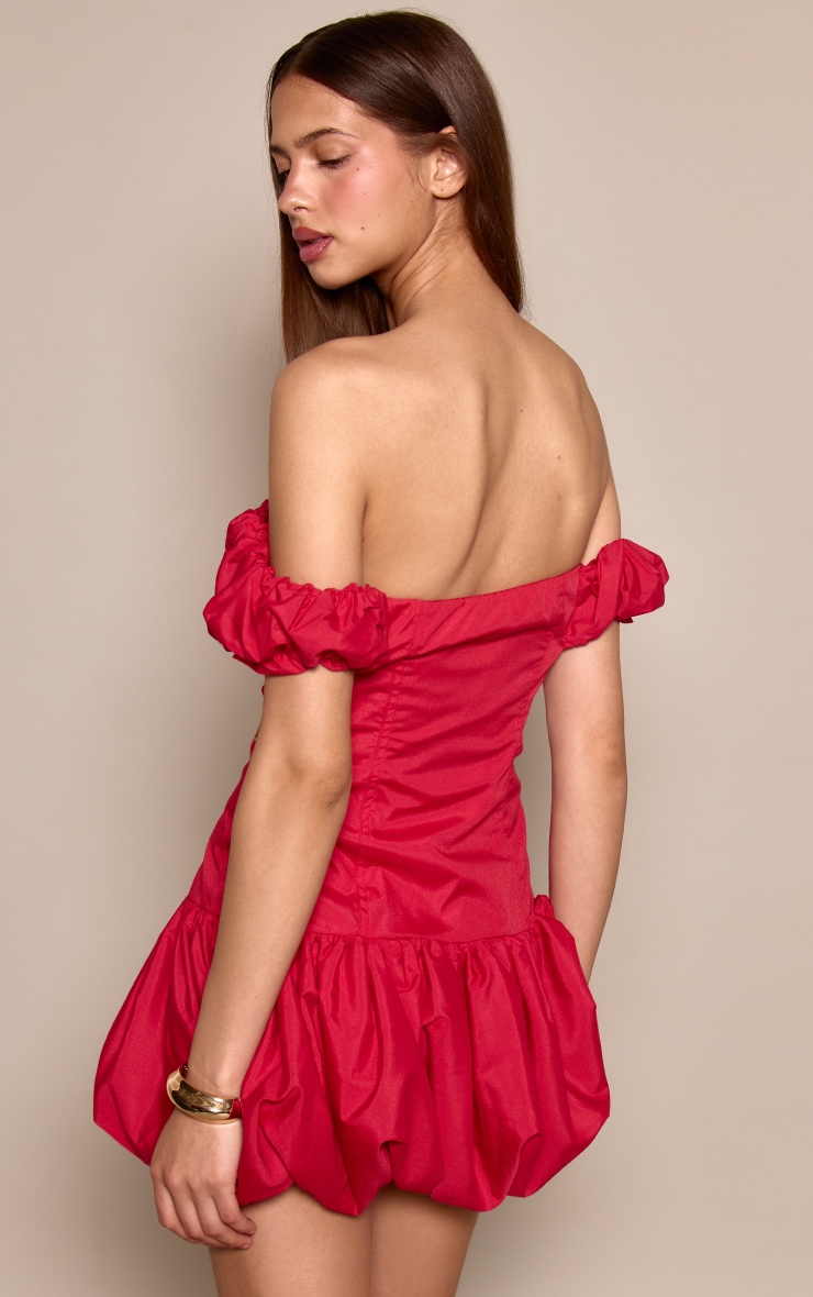 Red Ruched Bardot Puff Hem Bodycon Dress image 2