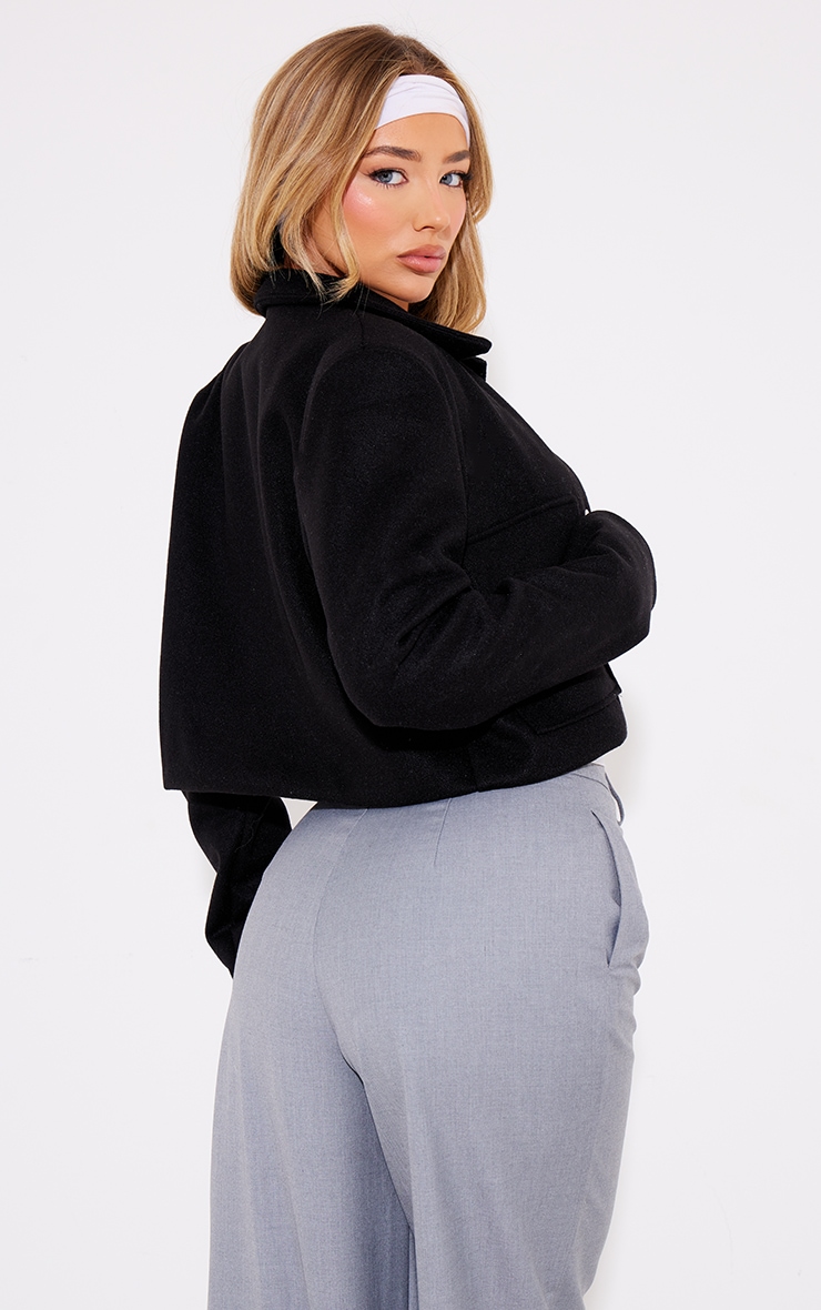 Black Wool Look Structured Shoulder Boxy Crop Jacket image 2