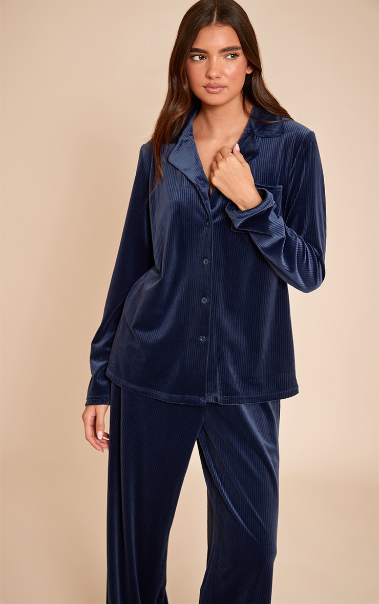 Navy Button Up Fleece Cord Style Pajama Set image 4