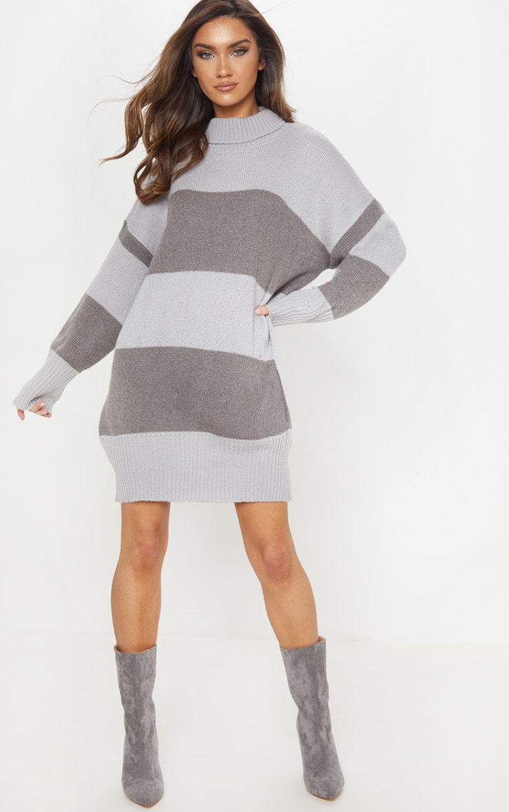 Grey Striped Sweater Dress Knitwear PrettyLittleThing USA