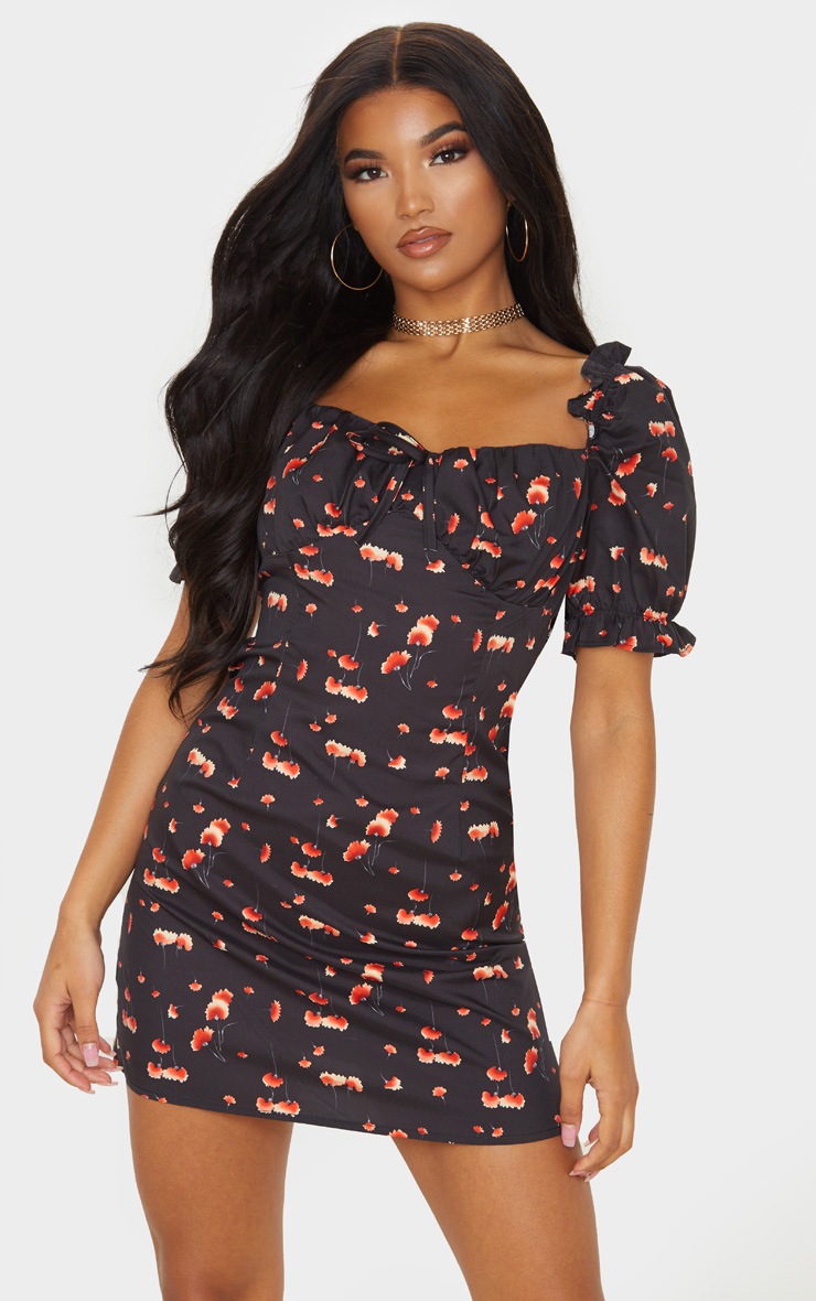 Black Floral Print Ruched Cup Puff Sleeve Shift Dress