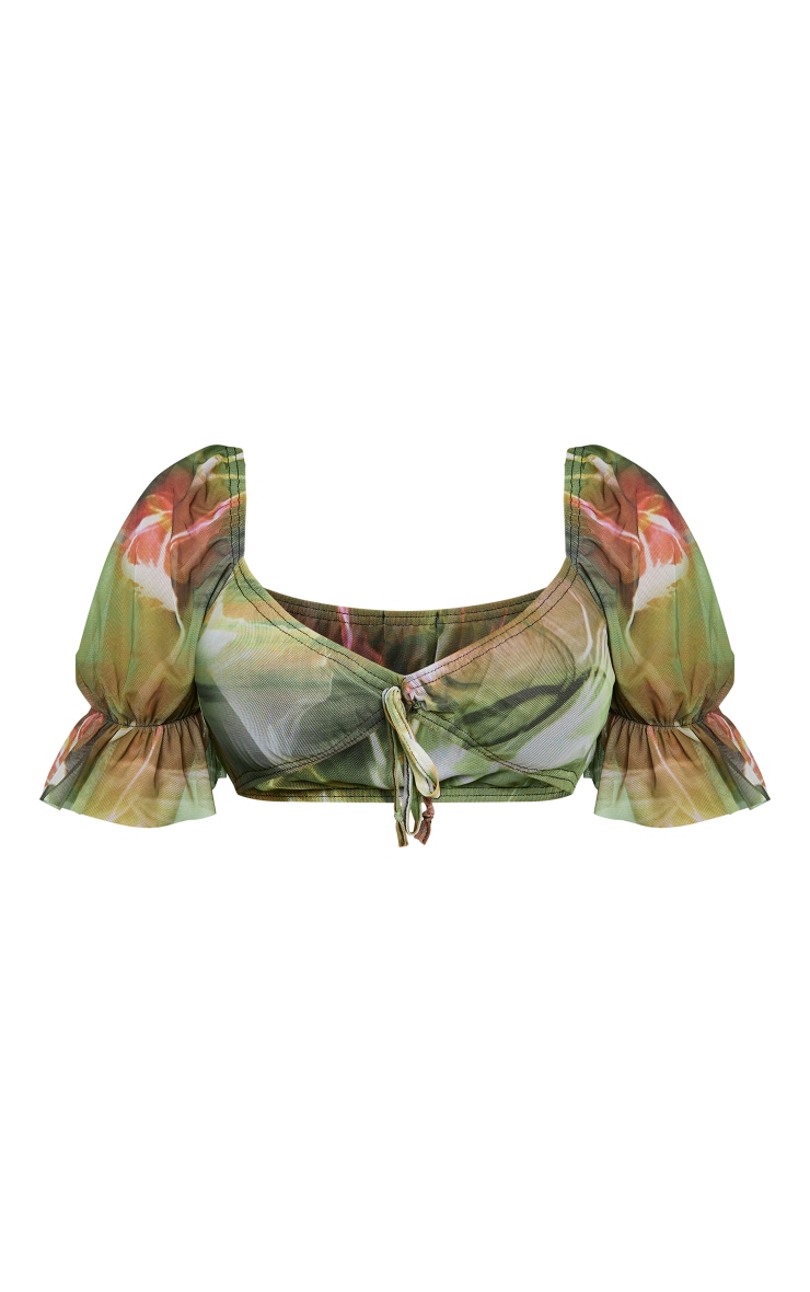 Green Abstract Printed Mesh Tie Front Detail Puff Sleeve Bralet image 5