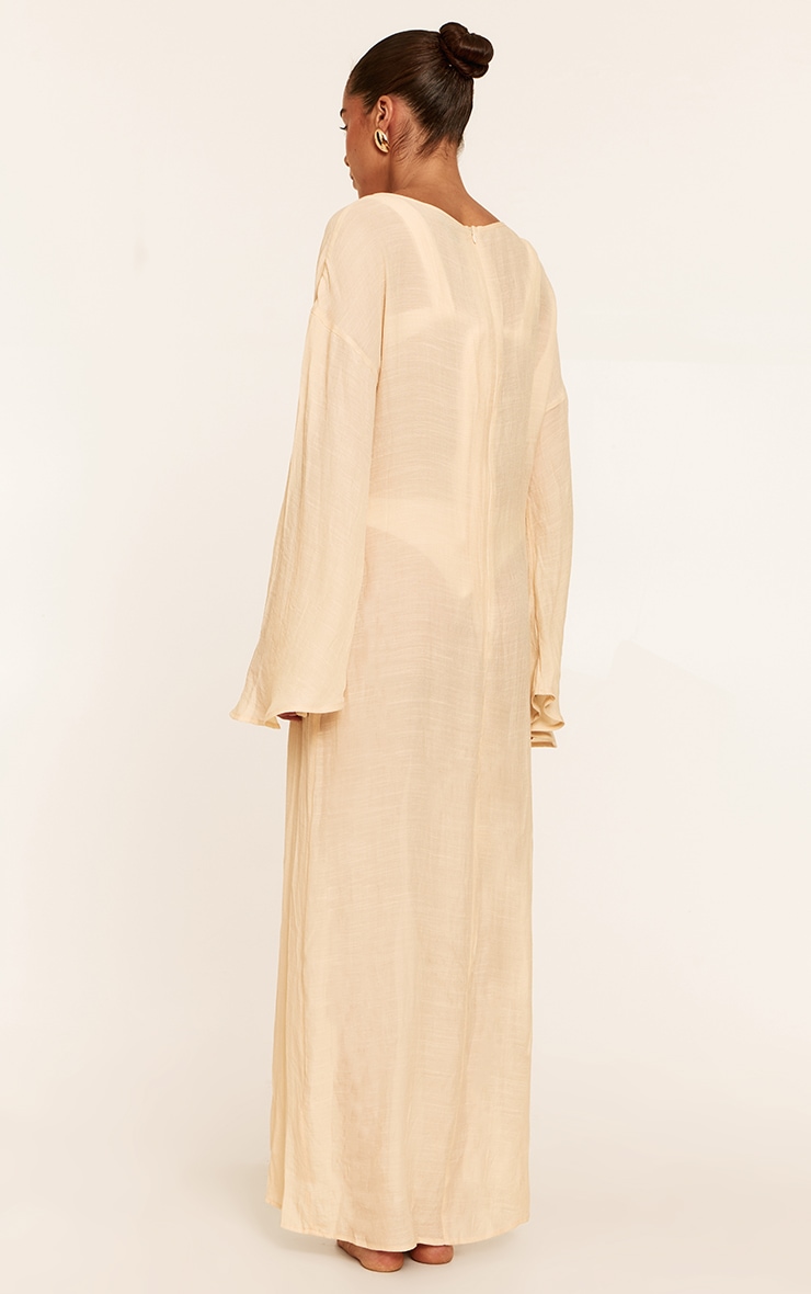 Robe de plage longue en effet lin crème à manches flutes image 2