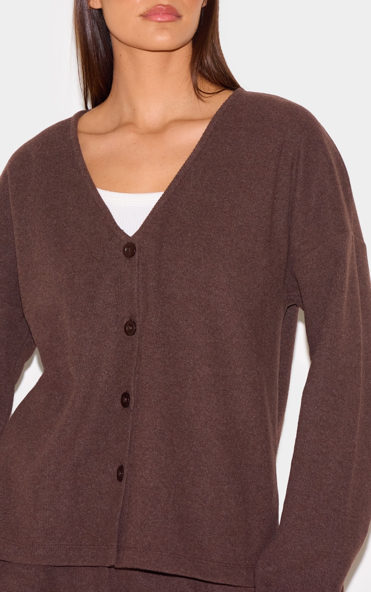 Brown Heavy Brushed Rib V Neck Button Up Cardigan image 4