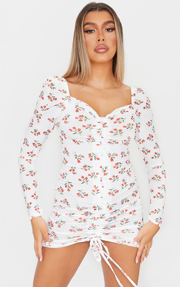 Robe moulante manches longues crème à imprimé floral et effet froncé devant
