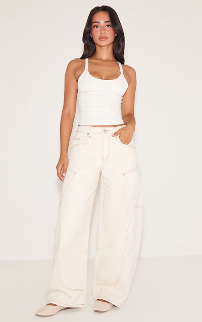Petite Ecru Side Pocket Detail Wide Leg Jeans