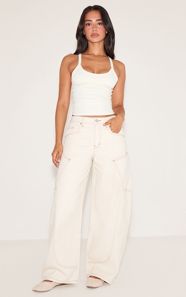 Petite Ecru Side Pocket Detail Wide Leg Jeans