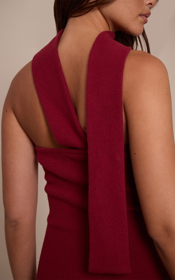 Wine Brushed Rib Scarf Detail Bandeau Maxi Dress image 4