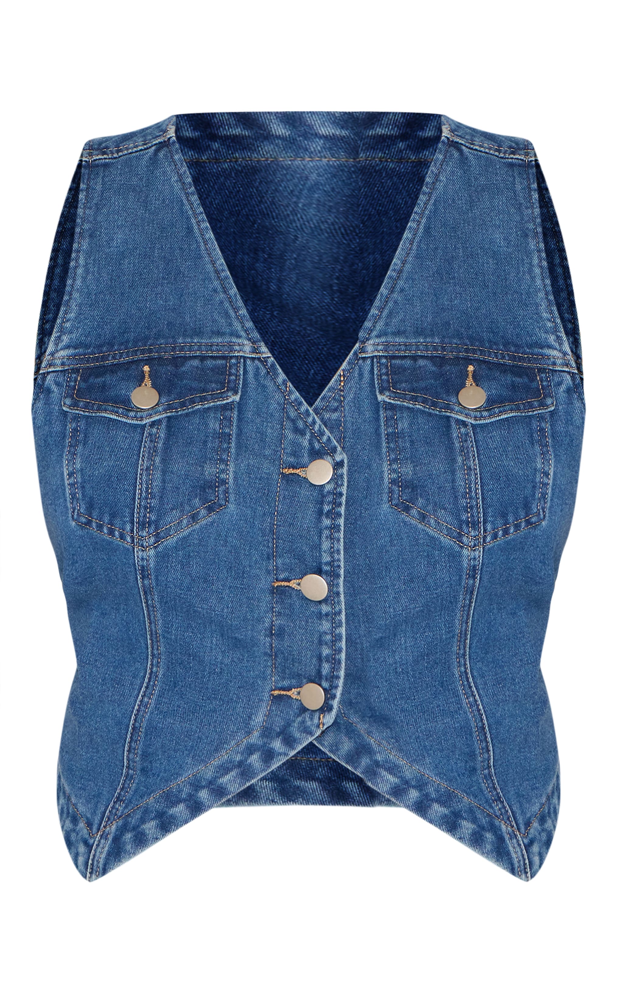 Plus Indigo Blue Wash Halterneck Button Front Denim Vest image 5