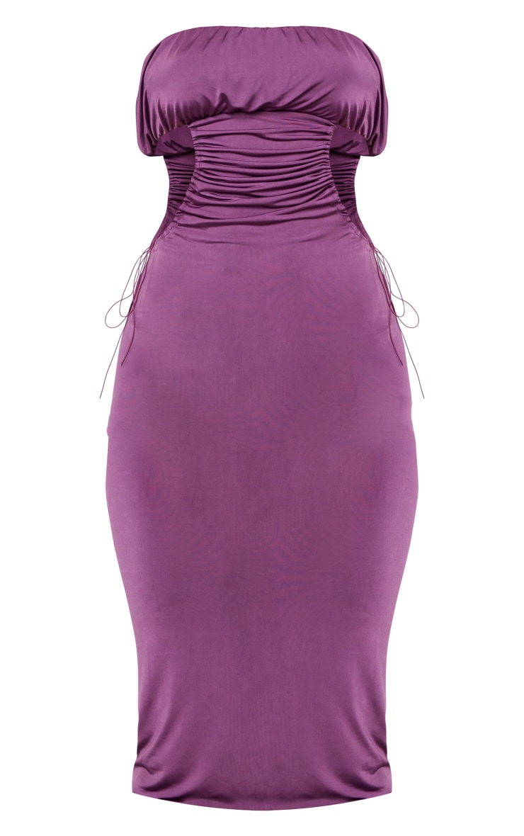 Dark Plum Slinky Bandeau Ruched Side Cut Out Midi Dress image 5