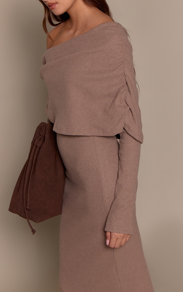 Taupe Ribbed Bardot Oversized Fold Over Maxi Dress image 4
