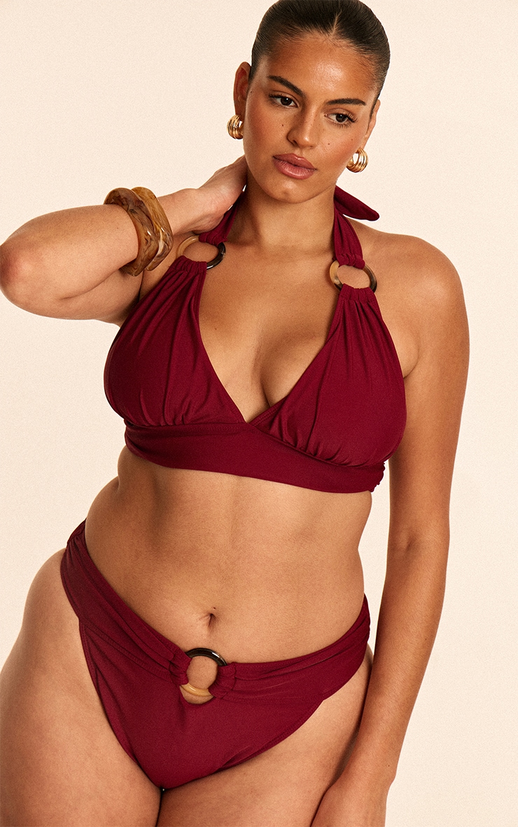Plus Burgundy O Ring Detail Tanga Bikini Bottoms image 1