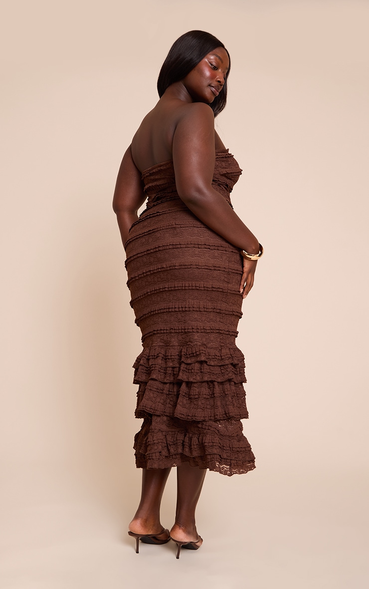Plus Chocolate Textured Lace Frill Tiered Midaxi Dress image 2