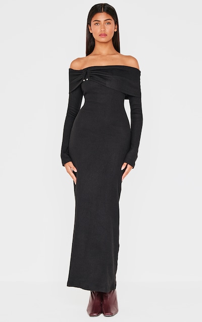 Robe longue brossée et côtelée épaisse noire à col bardot et empiècement