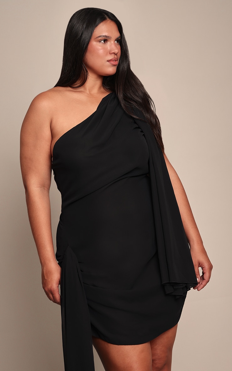 Plus Black Chiffon Draped Detail Mini Dress