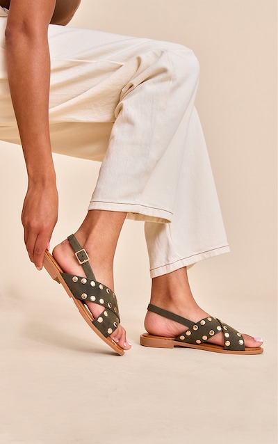 Sandale à bride arrière kaki en suédine cloutée