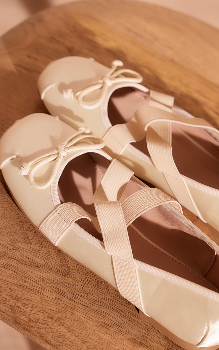 Cream Round Toe Satin Bow Cross Strap Ballet Pumps image 4