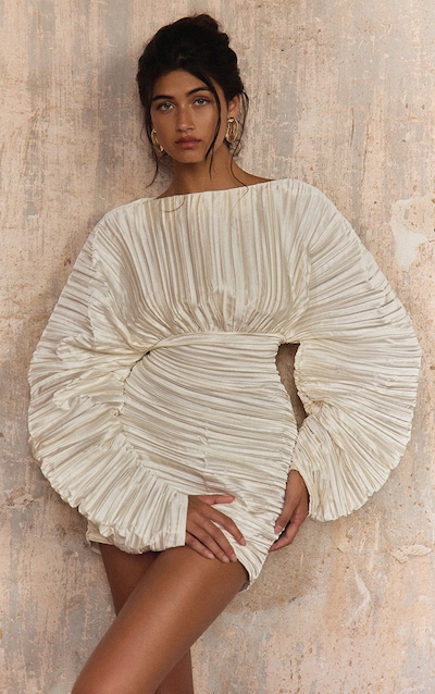 PLT Label Ivory Plisse Satin Batwing Long Sleeve Bodycon Dress