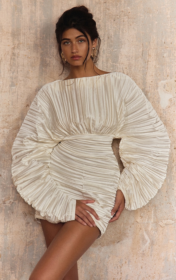 PLT Label Ivory Plisse Satin Batwing Long Sleeve Bodycon Dress