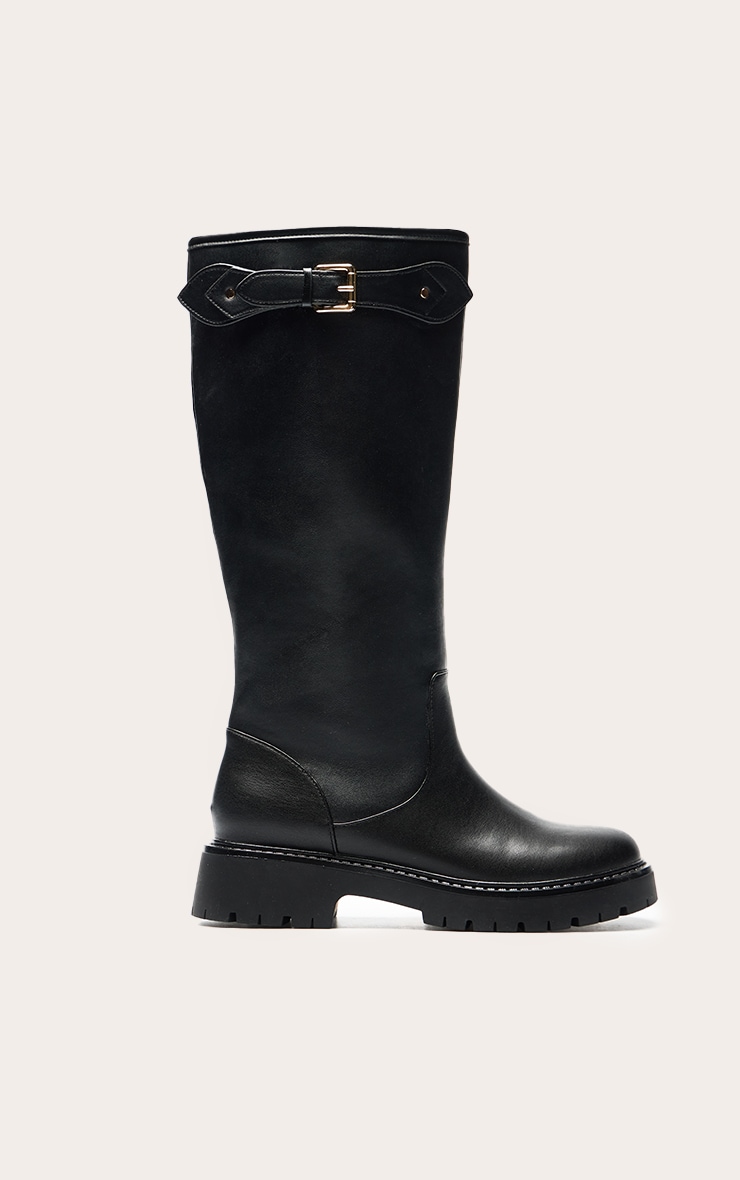 Black PU Buckle Detail Knee High Chelsea Boot image 2
