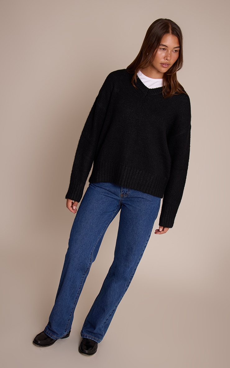 Black V Neck Rib Detail Jumper image 3