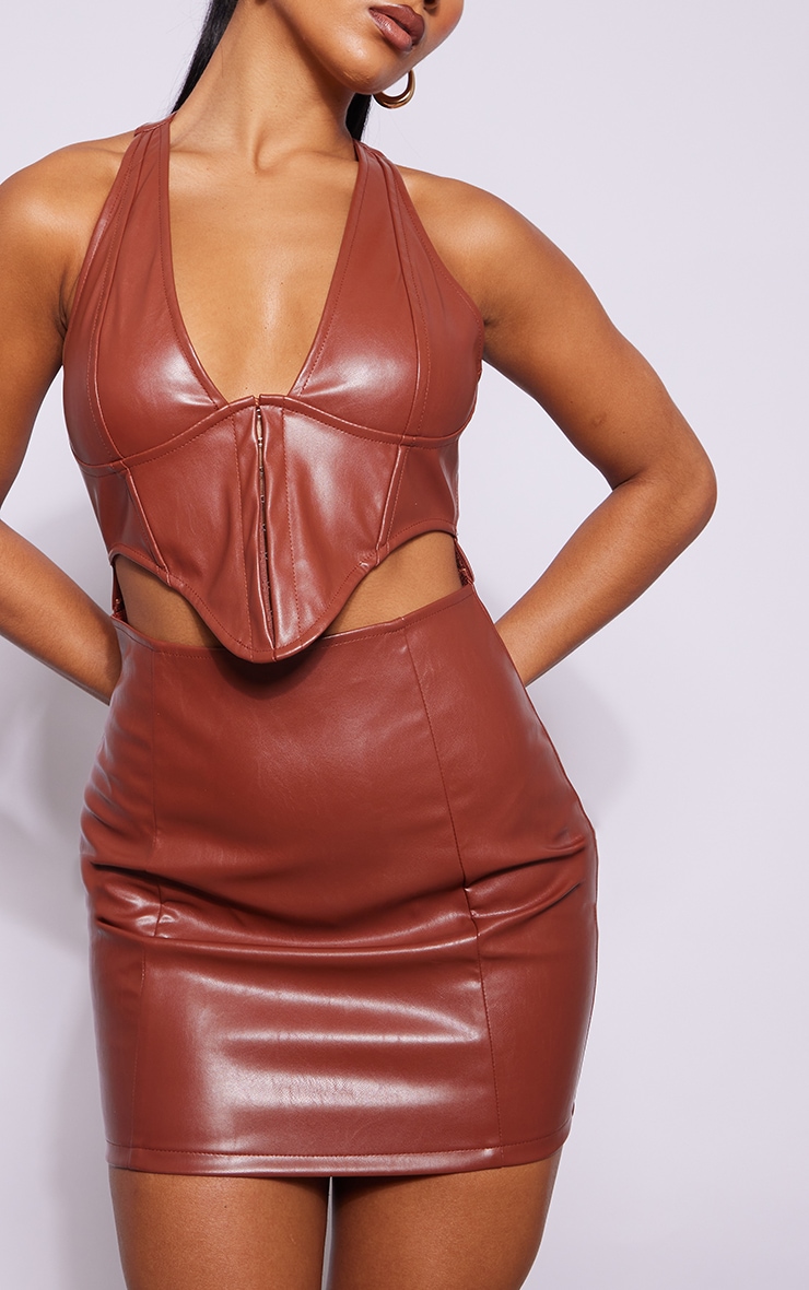 Chocolate Pu Hook & Eye Corset Halter Bodycon Dress image 4