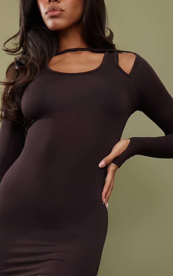 Chocolate Jersey Strap Long Sleeve Midaxi Dress PrettyLittleThing