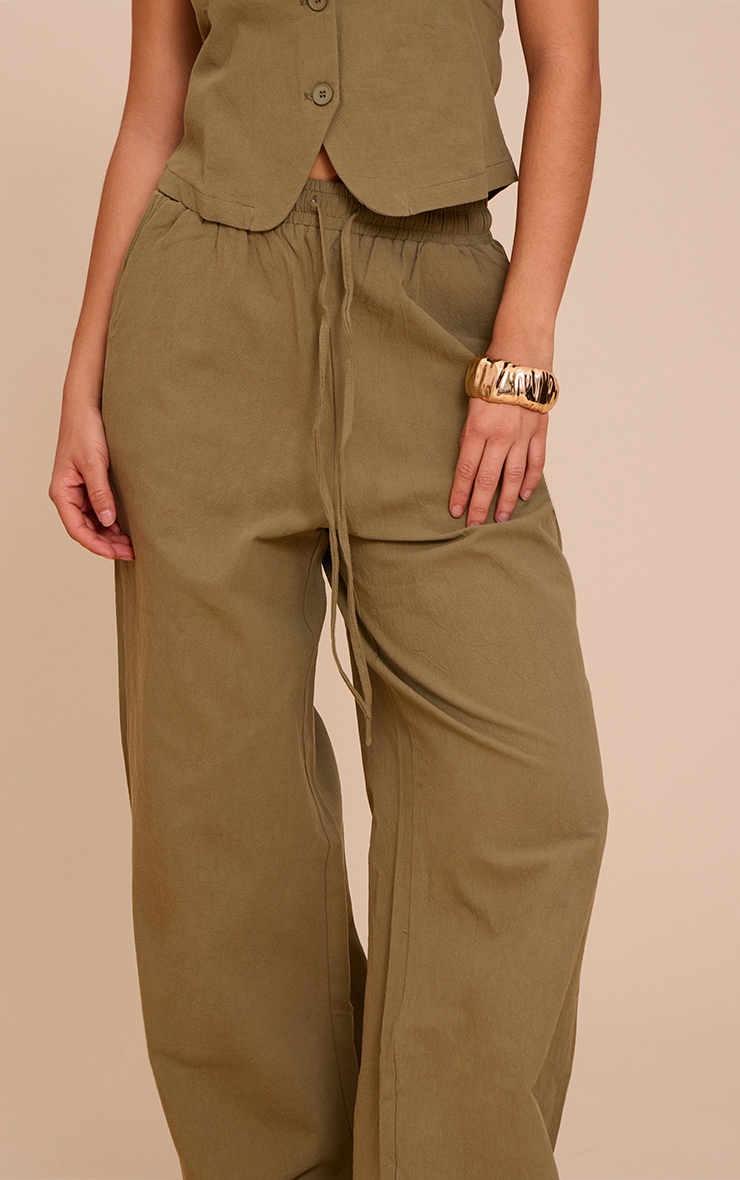 Khaki Tailored Linen Look Draw String Wide Leg Pant image 4