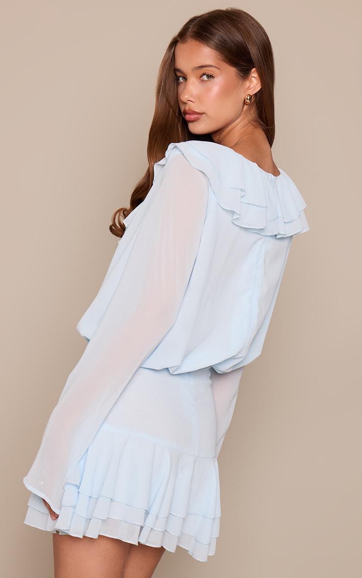 Pale Blue Chiffon Long Sleeve Frill Mini Dress image 2