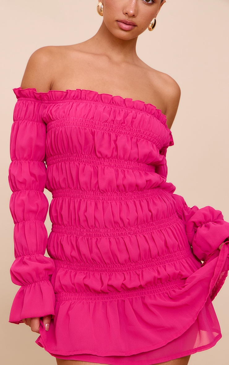 Fuchsia Chiffon Bardot Long Sleeve Ruched Bodycon Dress image 4