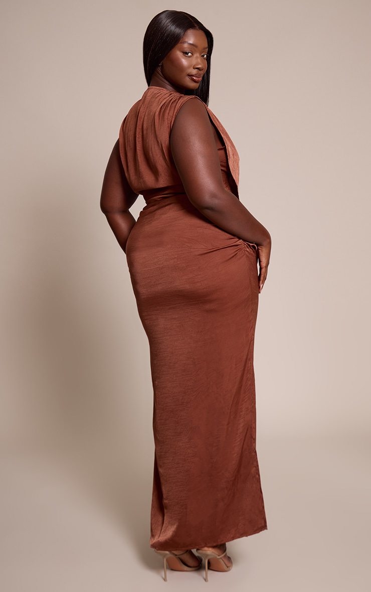Plus Chocolate Crushed Satin Cowl Neck Maxi Dress image 2