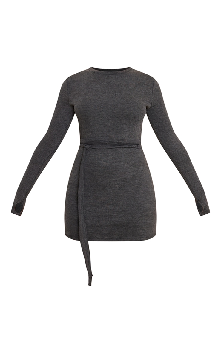 Charcoal Rib Wrap Tie Waist Bodycon Dress image 5