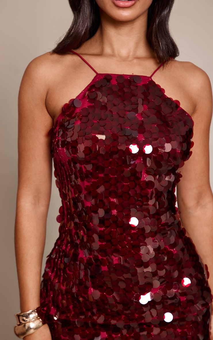 Petite Mini robe asymétrique bordeaux à bretelles fines et sequins image 4